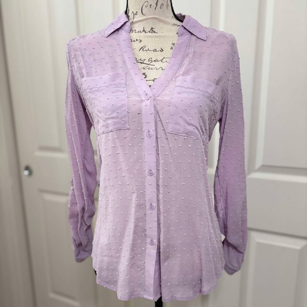 Women's Sheer Lavender Button-Up Blouse with Raised Hearts & Long-Sleeves